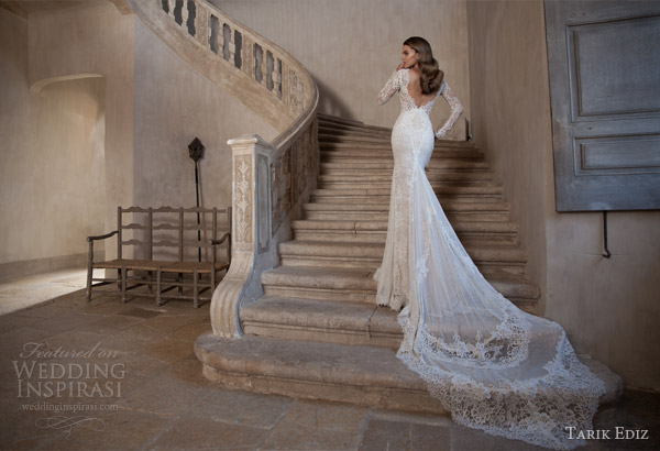 tarik ediz bridal 2015 pirlanta long sleeve wedding dress lace open back view train