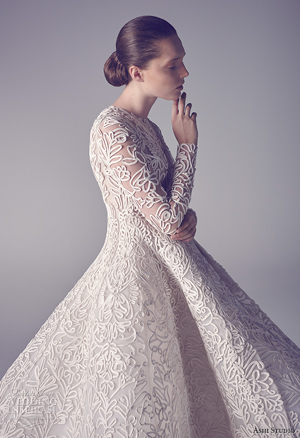 ashi studio couture 2015 jewel neckline long sleeves intricate floral embroideries high low ball gown dress close up