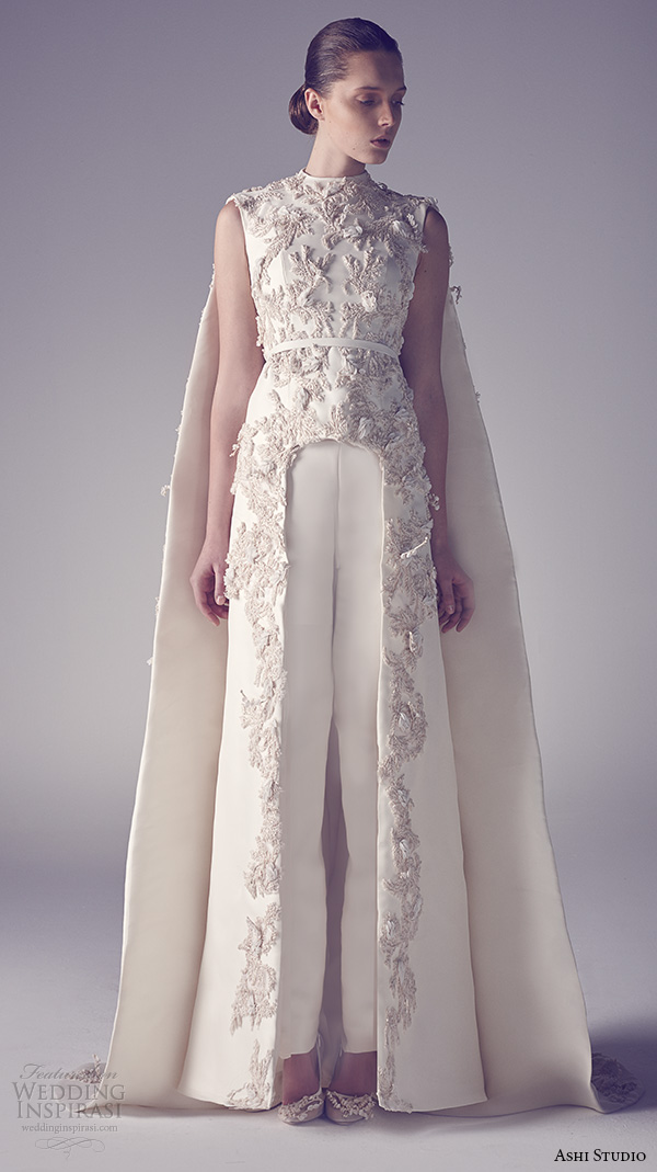 ashi studio couture 2015 jewel neckline sleeveless floral embroideries inner pants sheath dress with cape