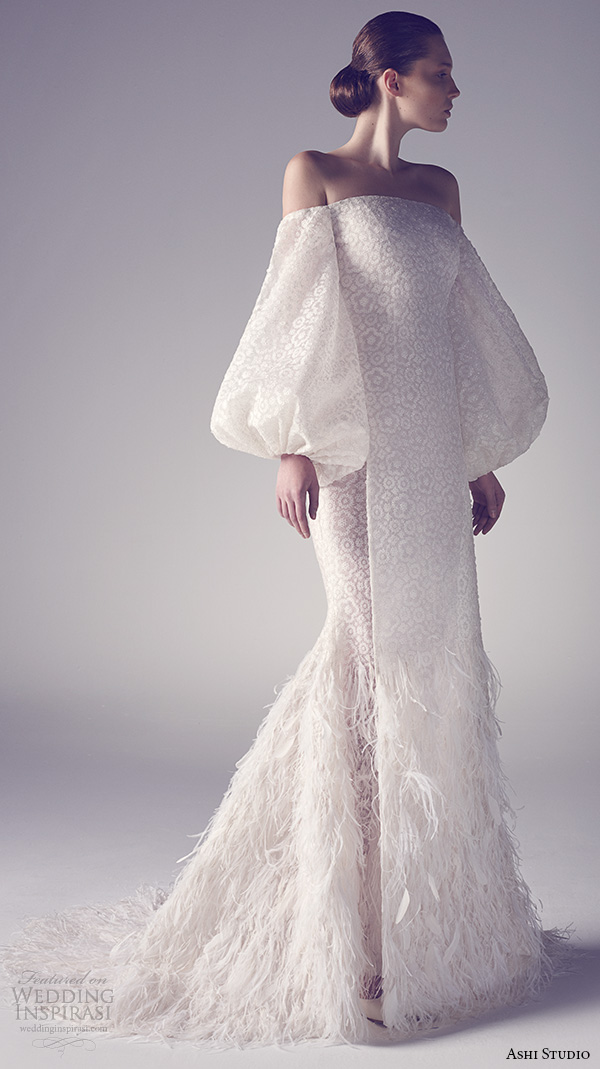 ashi studio couture 2015 off the shoulder bishop sleeves sheath wedding dress