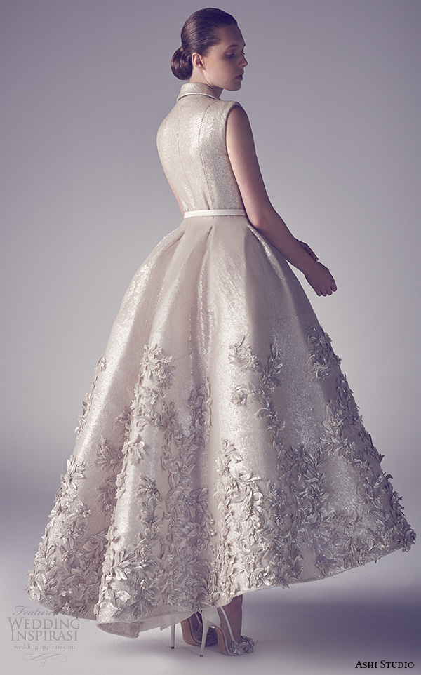 ashi studio couture 2015 sleeveless notch collar beautiful floral embroidery tea length dress back view