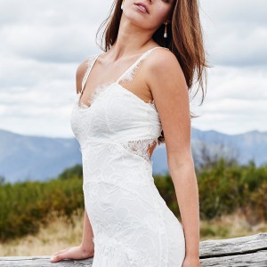 grace loves lace bridal 2015 cordelia sleeveless stretch french lace wedding dress batwing train keyhole back side view