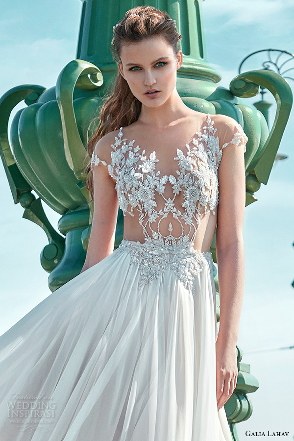 galia lahav gala fall 2016 bridal gowns gorgeous a  line wedding dress sheer bodice with floral applique cap sleeves flowy tulle skirt style 602 