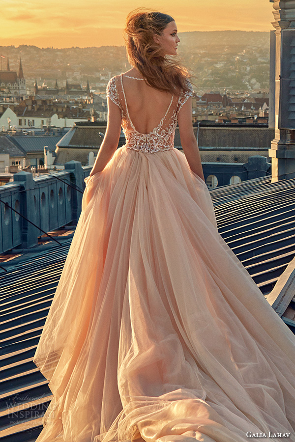 galia lahav gala fall 2016 bridal gowns gorgeous cap sleeves blush color ball gown wedding dress open low cut back long chapel train tulle skirt style 607
