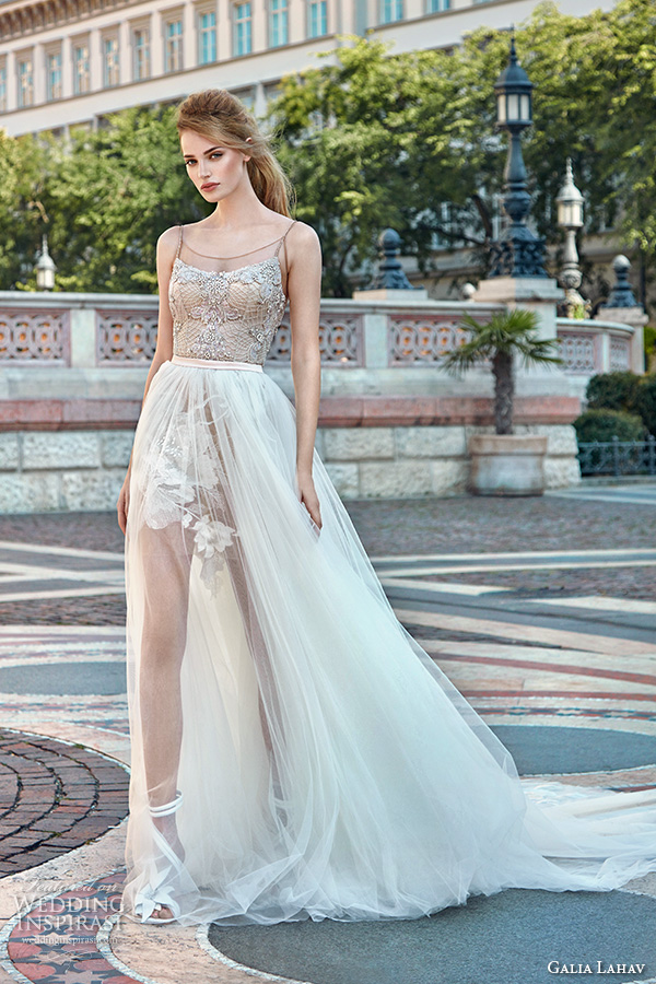 galia lahav gala fall 2016 bridal gowns short mini wedding dress with full length illusion see through overskirt spagetti strap slim fit embellished bodice style 611