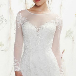 lillian west spring 2016 bridal long illusion lace sleeves jewel neckline sweetheart cutout fit to flare wedding dress style 6378