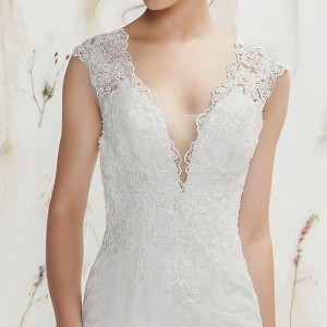 lillian west spring 2016 bridal thick lace strap v neckline lace embroidery sheath wedding dress with train illusion lace back style 6370