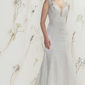 lillian west spring 2016 bridal thick lace strap v neckline lace embroidery sheath wedding dress with train illusion lace back style 6370