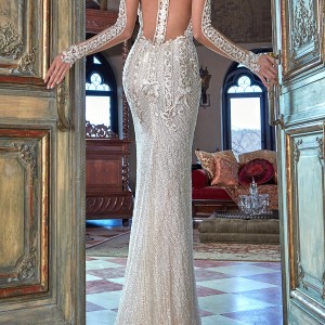 galia lahav bridal spring 2017 illusion long sleeves deep vneck beaded sheath wedding dress (bella) bv illusion back point train