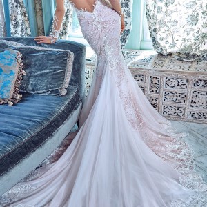 galia lahav bridal spring 2017 illusion long sleeves deep vneck mermaid wedding dress (daria) bv low back train