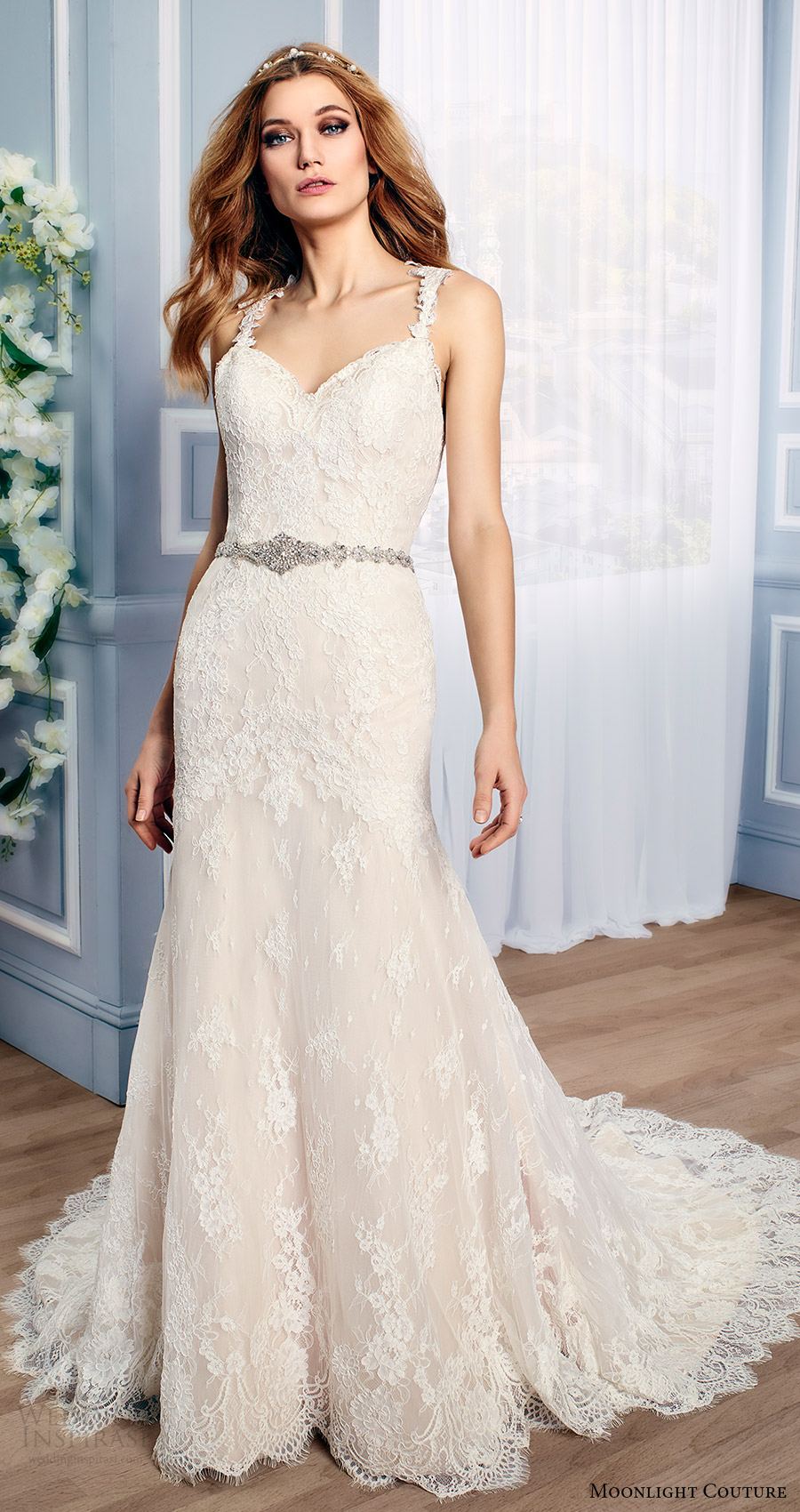 moonlight couture bridal fall 2016 sleeveless lace straps sweetheart mermaid wedding dress (h1315) mv