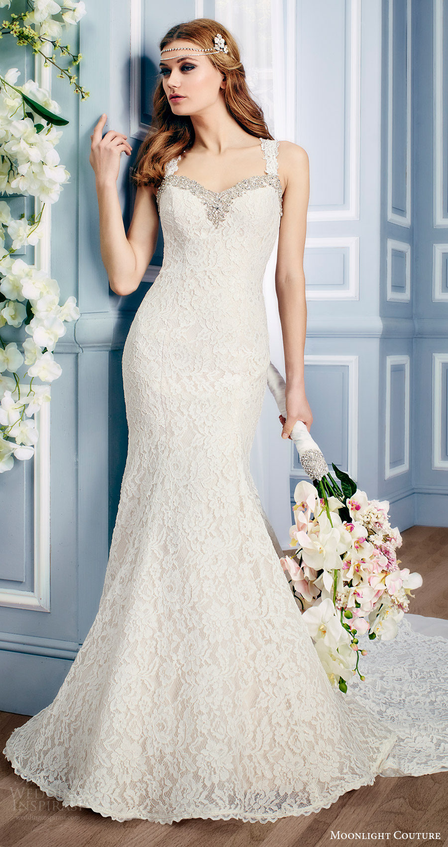 moonlight couture bridal fall 2016 sleeveless sweetheart beaded neckline thick straps lace mermaid wedding dress (h1313) mv train