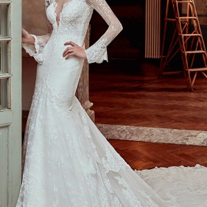 nicole spose bridal 2017 long sleeves illusion  deep v neck fit flare mermaid wedding dress (niab17100) mv train