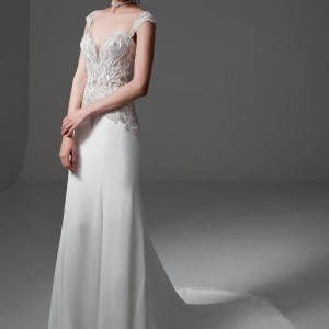 jillian 2017 bridal cap sleeves sweetheart plunging neckline heavily embellished bodice elegant sheath wedding dress sheer back chapel train (marylin) mv