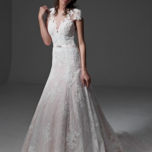 jillian 2017 bridal cap sleeves v neckline full embellishment romantic drop waist blush color a  line wedding dress illusion back chapel train (marina) mv