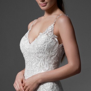 jillian 2017 bridal sleeveless spagetti strap v neck heavily embellished bodice satin glamorous a  line wedding dress v back chapel train (maria) zv