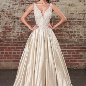 justin alexander spring 2017 bridal sleeveless thick strap deep plunging v neck heavily embellished bodice satin skirt champagne color elegant a  line wedding dress v back chapel train (9855) mv