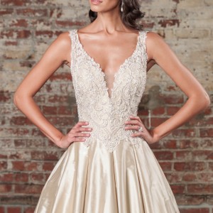 justin alexander spring 2017 bridal sleeveless thick strap deep plunging v neck heavily embellished bodice satin skirt champagne color elegant a  line wedding dress v back chapel train (9855) zv