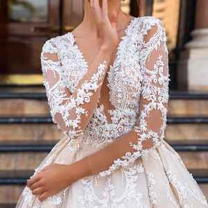 crystal design 2017 bridal long sleeves deep plunging v neck full