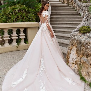 crystal design 2017 bridal long sleeves v neck heavily embellished lace embroidered romantic princess blush color a  line wedding dress sheer back long monarch train (aniya) bv