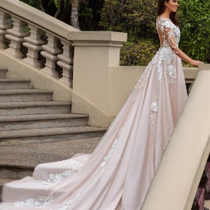 crystal design 2017 bridal long sleeves v neck heavily embellished lace embroidered romantic princess blush color a  line wedding dress sheer back long monarch train (aniya) sdv