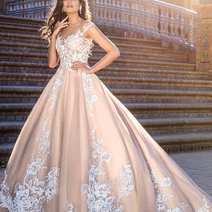 crystal design 2017 bridal illusion off the shoulder cap sleeves sheer boat sweetheart neckline heavily embellished bodice lace blush princess ball gown wedding dress royal train (jill) mv