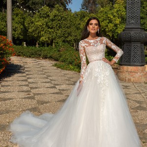 Jewel lace and tulle outlet illusion neck wedding dress