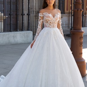 crystal design 2017 bridal long sleeves off the shoulder sweetheart neckline heavily embellished bodice romantic princess lace ball gown a  line wedding dress sheer back royal train (freda) mv