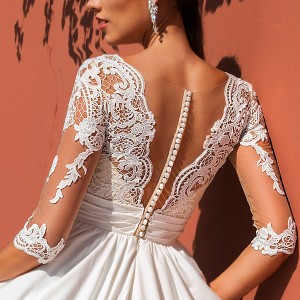 crystal design 2017 bridal three quarter sleeves deep v neck heavily embellished bodice elegant a  line wedding dress illusion back royal train (simona) zbv