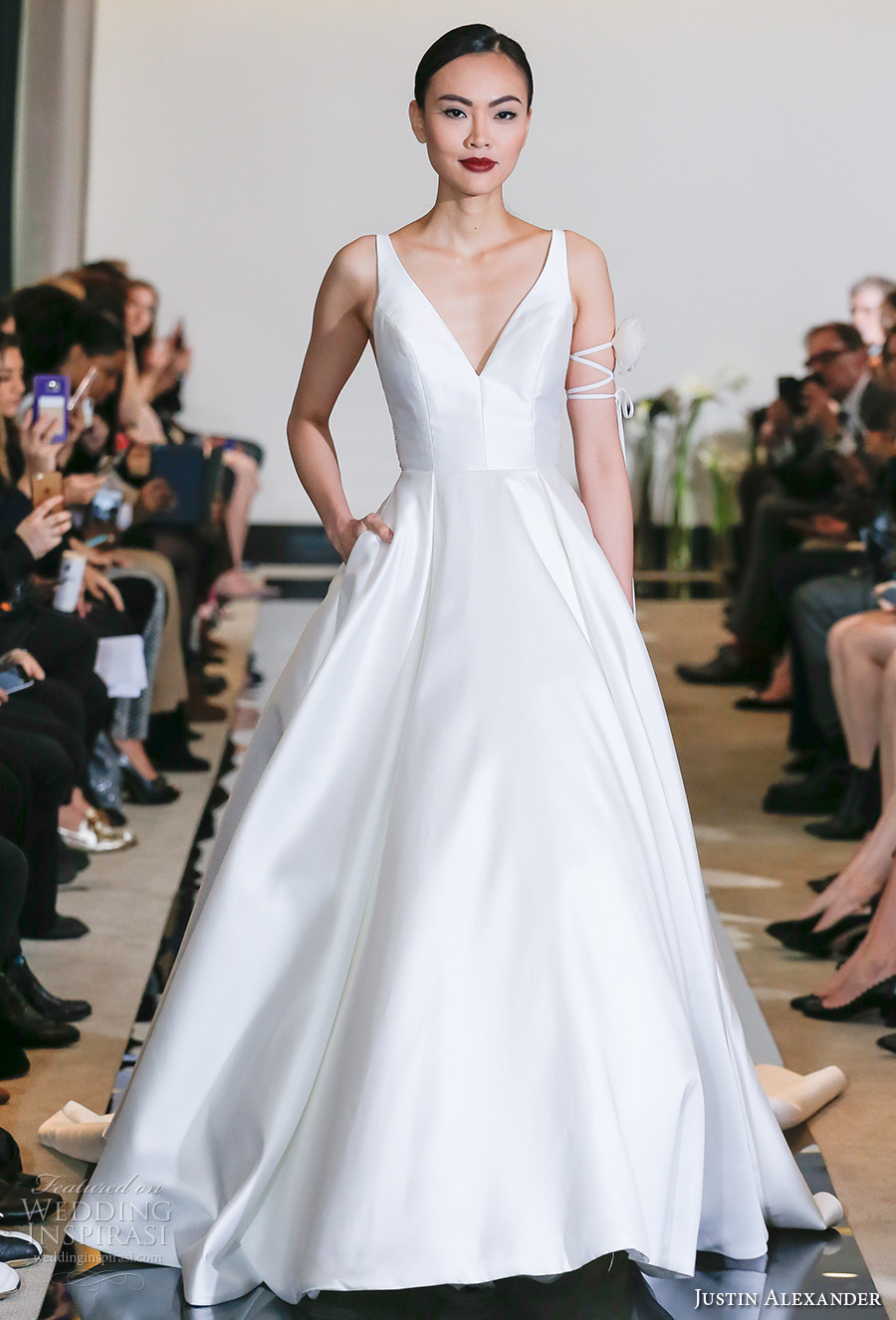 justin alexander spring 2018 bridal sleeveless v neck simple clean elegant elegant satin a  line wedding dress pockets chapel train (04) mv