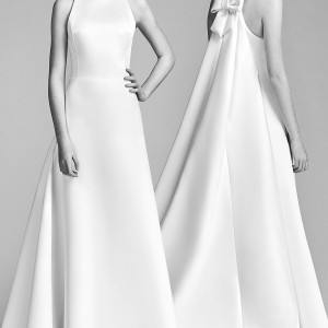 viktor and rolf spring 2018 bridal sleeveless jewel neck a line wedding dress (4) mv bow back watteau train clean modern