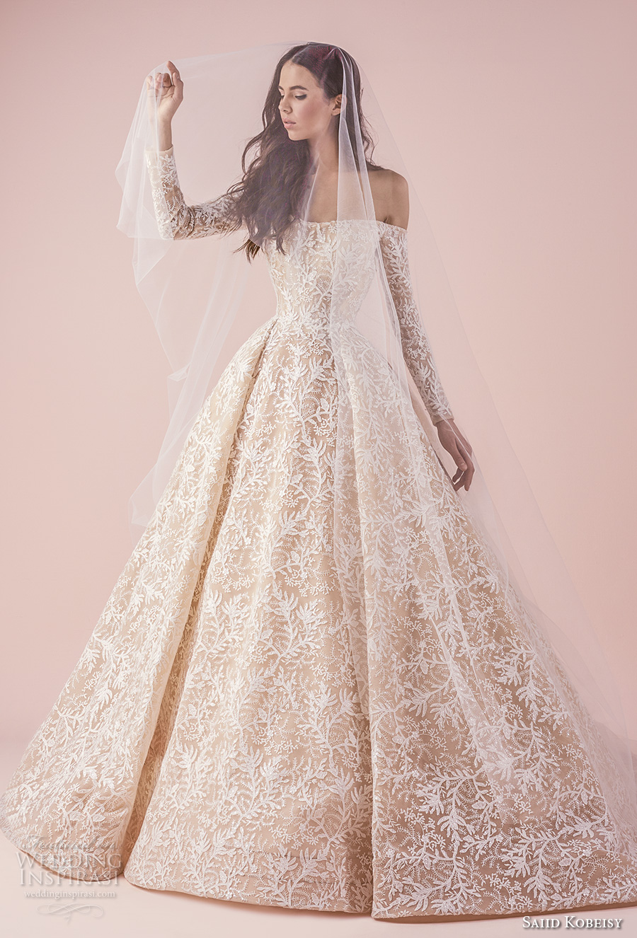 saiid kobeisy 2018 bridal long sleeves straight across full embellishment romantic princess blush color ball gown wedding dress chapel train (3261) mv