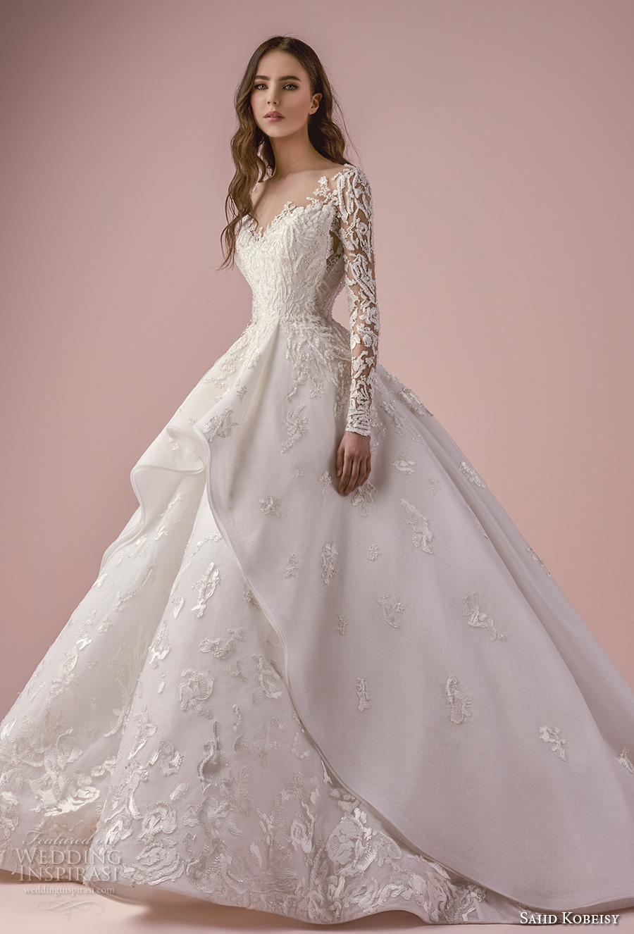 saiid kobeisy 2018 bridal long sleeves v neck heavily embellished bodice romantic princess layered skirt ball gown wedding dress chapel train (3265) mv