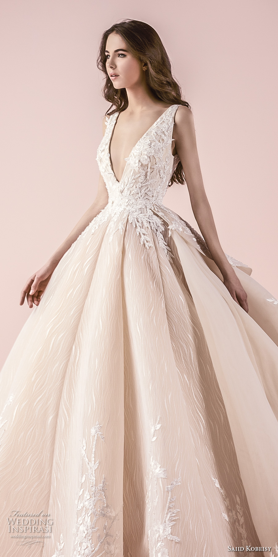 saiid kobeisy 2018 bridal sleeveless deep v neck heavily embellished bodice romanitc princess blush color ball gown wedding dress (3258) zv