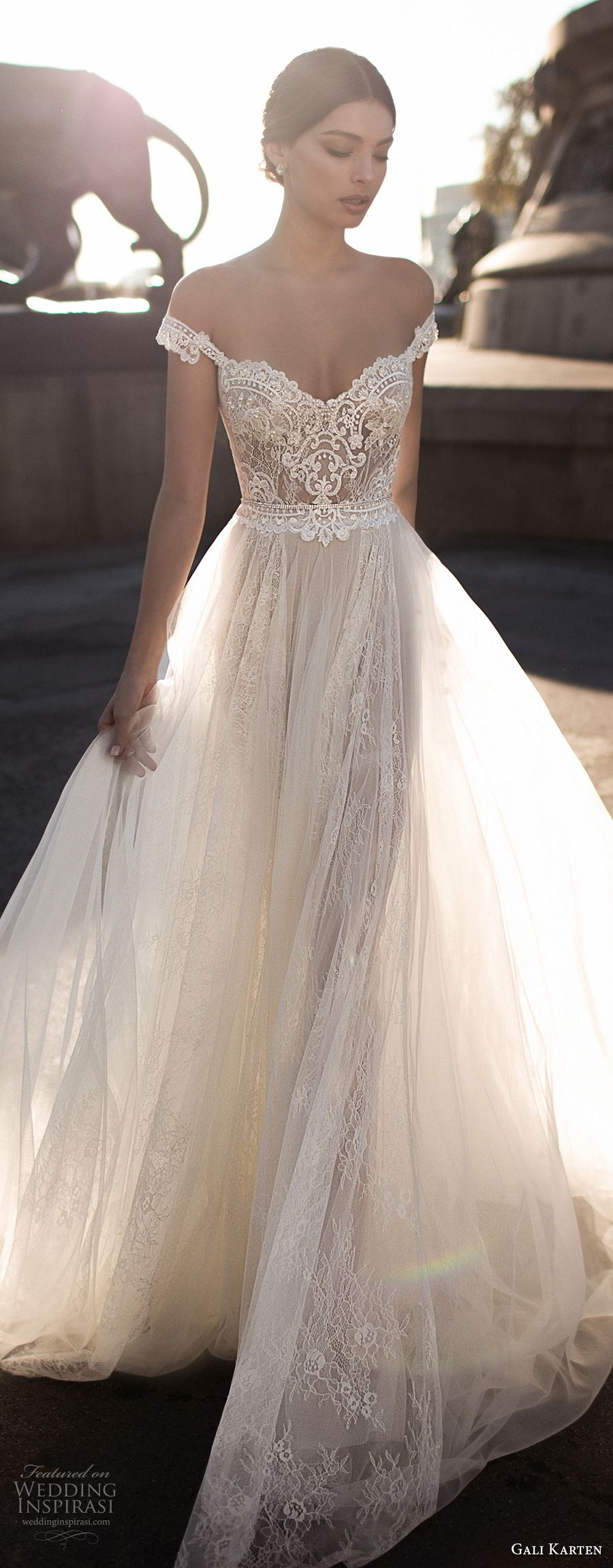 a line wedding dress with tulle skirt