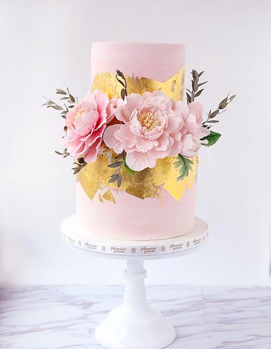 pink 2 tier pink floral gold accent wedding cake (6) mv