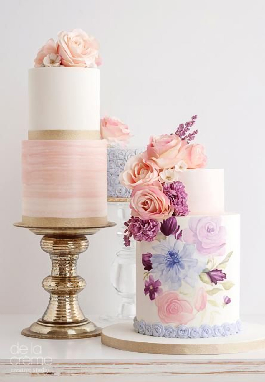 white 2 tier pink purple floral wedding cake (16) mv