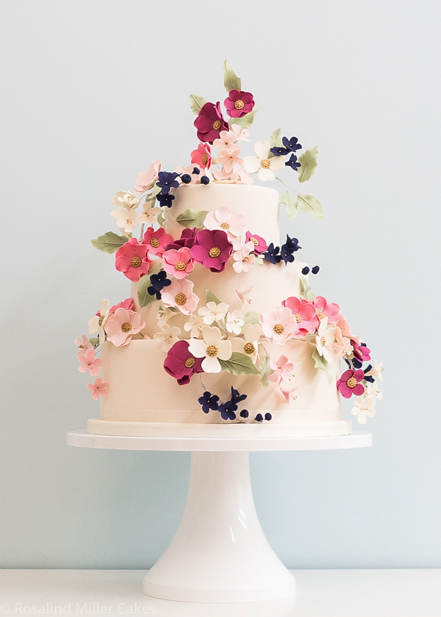 white 3 tier pink red floral wedding cake (7) mv