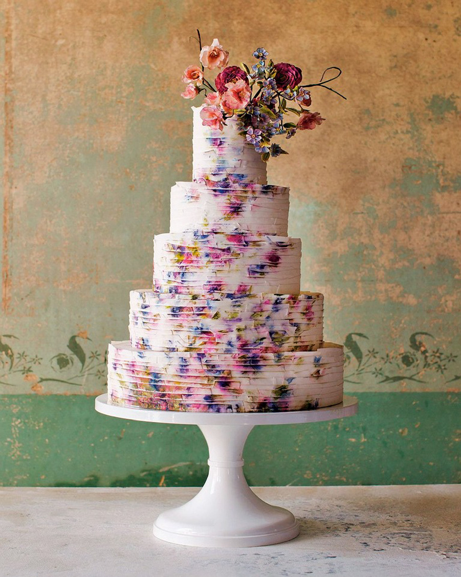 white 5 tier purple blue floral print wedding cake (18) mv