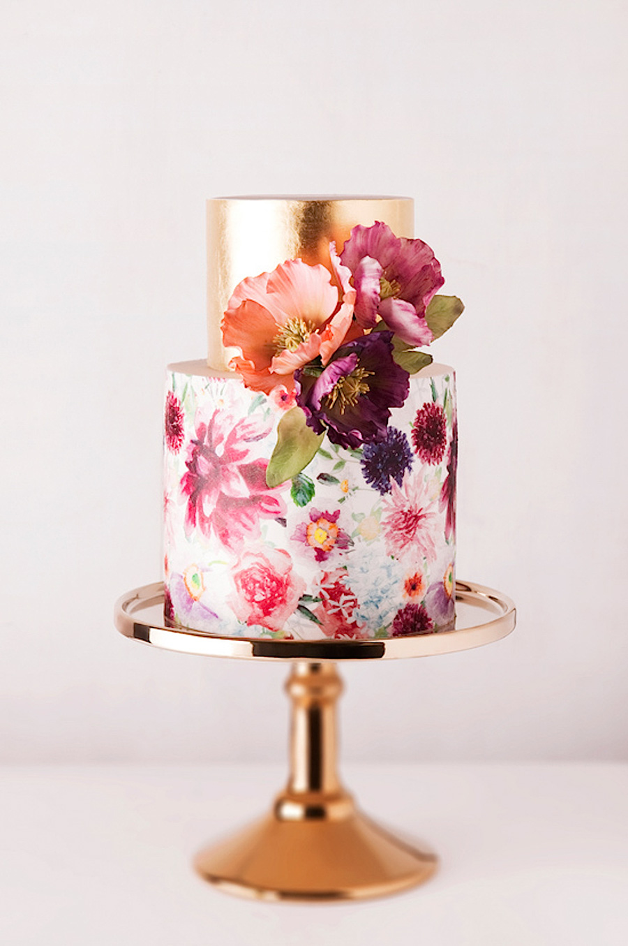 white gold 2 tier multi color floral print wedding cake (17) mv