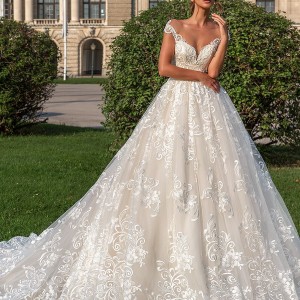 crystal design 2018 cap sleeves sweetheart neckline full embellishment romantic princess ball gown wedding dress sheer button back chapel train (steffani) mv