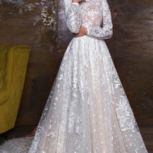 crystal design 2018 long sleeves bateau neck full embellishment modest romantic a  line wedding dress v back chapel train (kayra) mv