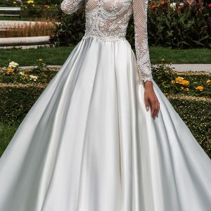 crystal design 2018 long sleeves jewel neck heavily embellished bodice satin modest a  line wedding dress covered lace back royal train (dilma) mv