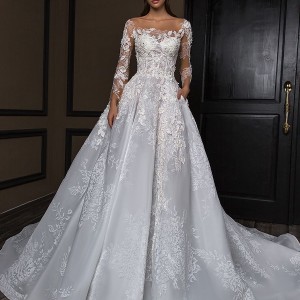 crystal design 2018 long sleeves square neck heavily embellished bodice princess a  line wedding dress royal train (asha) mv