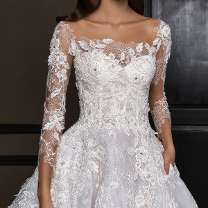 crystal design 2018 long sleeves square neck heavily embellished bodice princess a  line wedding dress royal train (asha) zv