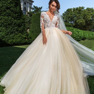 crystal design 2018 long sleeves v neck heavily embellished bodice romantic ivory ball gown wedding dress sheer button back long train (belle) mv