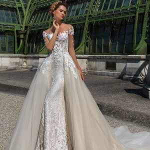 crystal design 2018 sheer long sleeves off the shoulder sweetheart neckline full embellishment romantic fit and flare wedding dress a  line overskirt sheer button back chapel train (rosie) mv