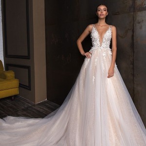 crystal design 2018 sleeveless deep v neck heavily embellished bodice tulle skirt a  line wedding dress long train (torri) mv