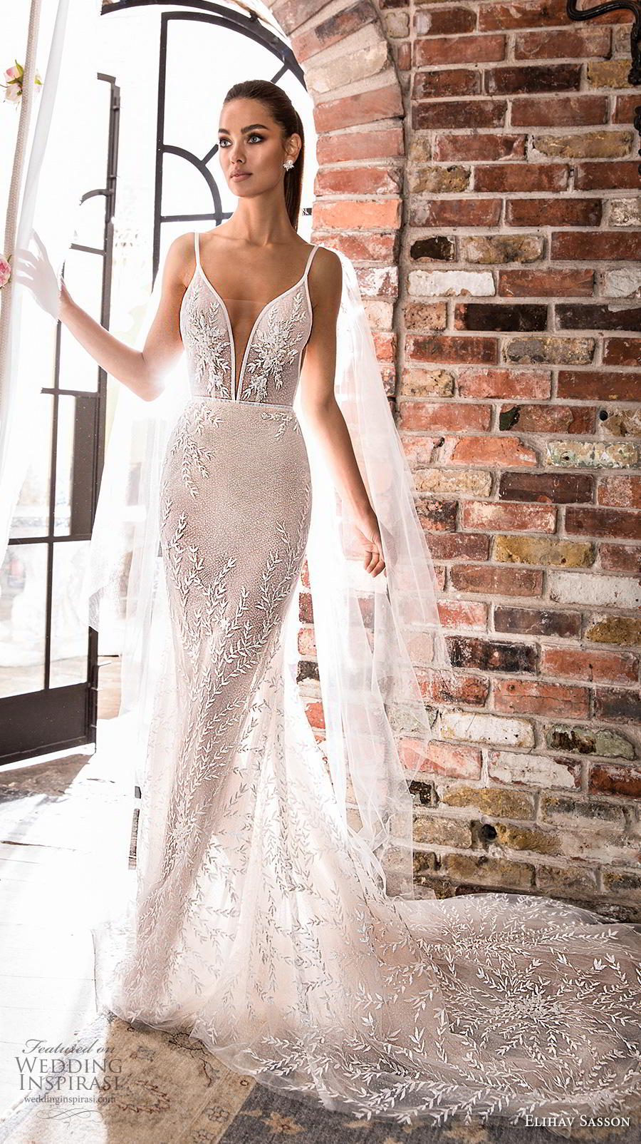 elihav sasson wedding dress 2015 attached long sleeves lace low cut back  sheath bridal gown back