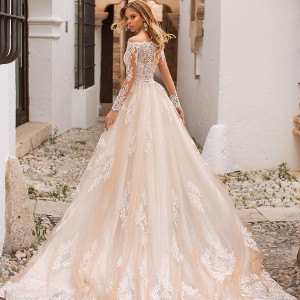 naviblue 2019 bridal long sleeves bateau neck full embellishment drop waist champagne a line wedding dress lace back chapel train 5 bv Wedding Inspirasi